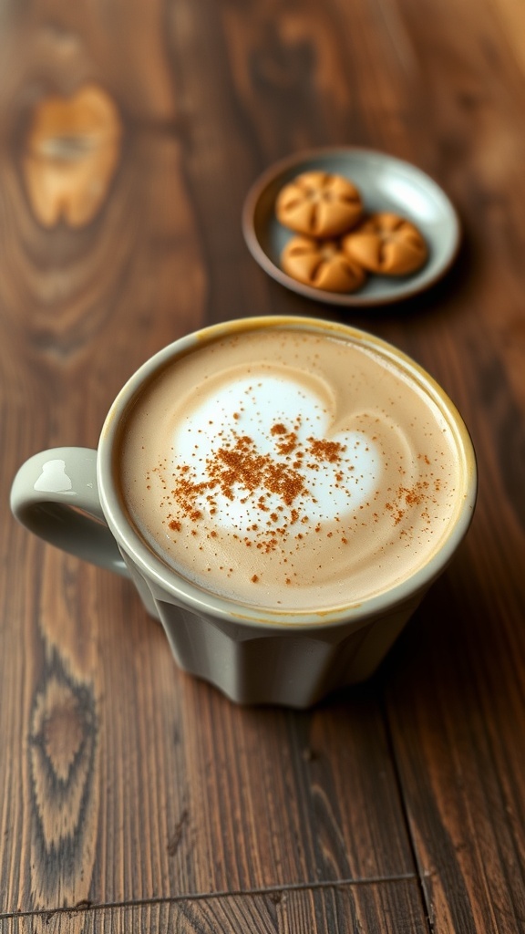 Creamy Oat Milk Latte Recipe A creamy oat milk latte in a ceramic cup with froth and cinnamon, alongside a cookie on a wooden table.